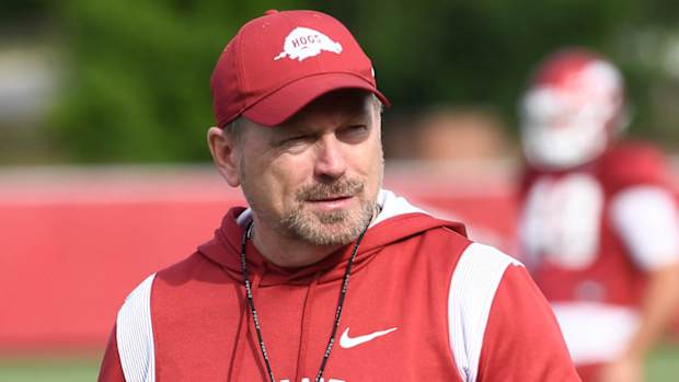 Razorbacks special teams coach Scott Fountain at practice Sunday morning